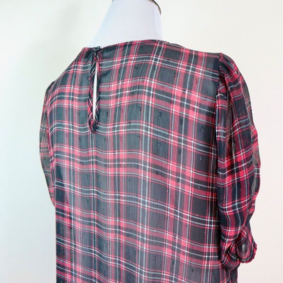 Torrid Size 0 / L Chiffon Lurex Ruched Sleeve Blouse Plaid Red Black - Picture 6 of 10